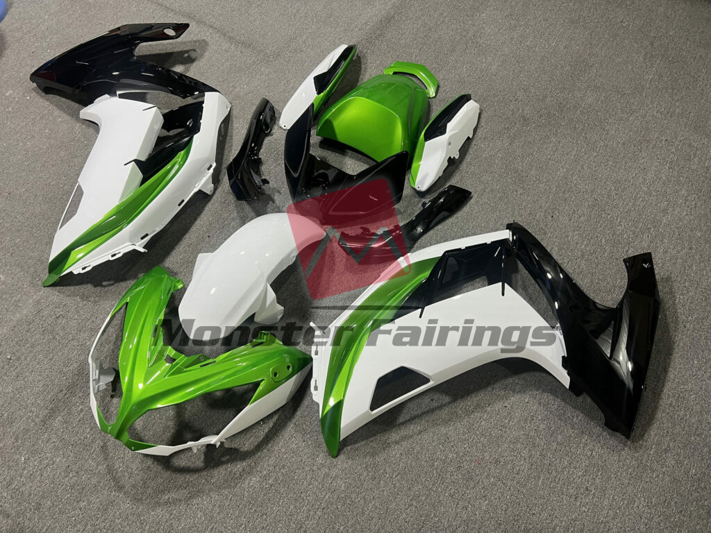 2012 - 2016 Kawasaki Ninja 650R Gloss White Green fairing set - ABS injection, custom painted by Monster Fairings