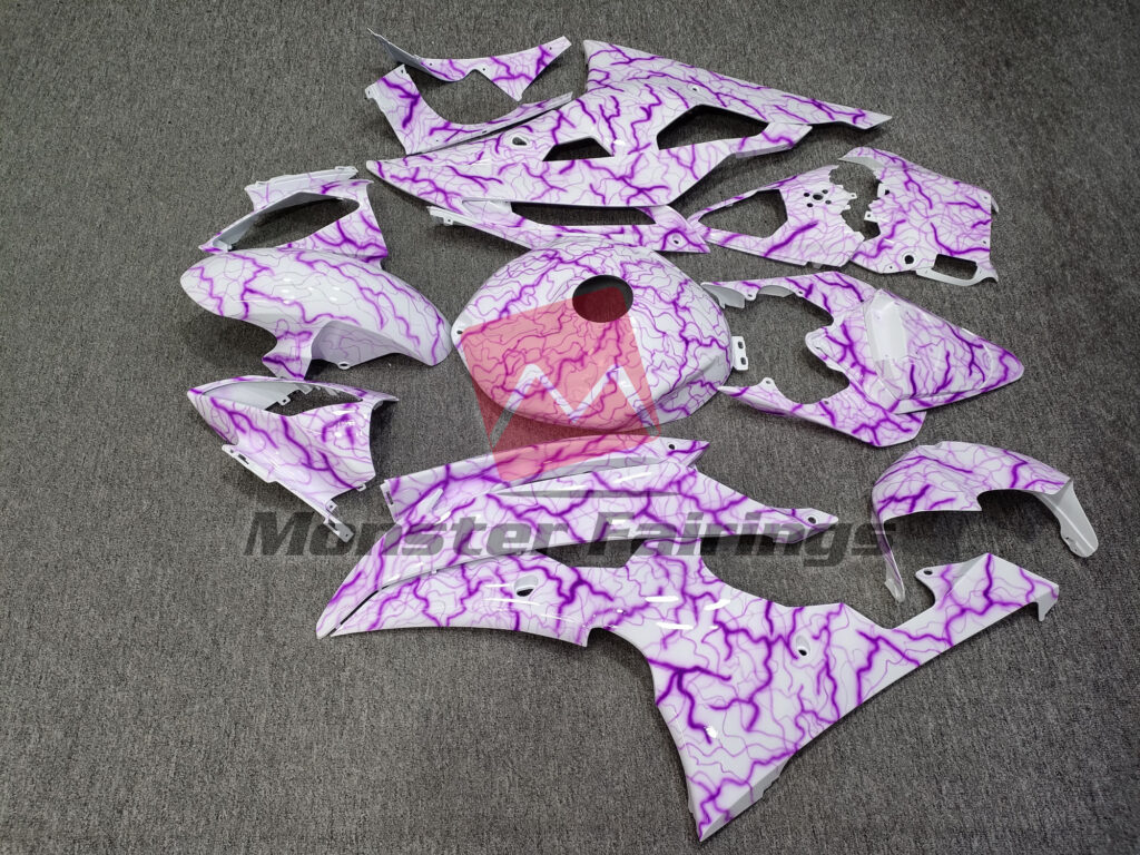 2008 - 2016 Yamaha R6 Gloss White & Purple Lightning fairing set - ABS injection, custom painted by Monster Fairings