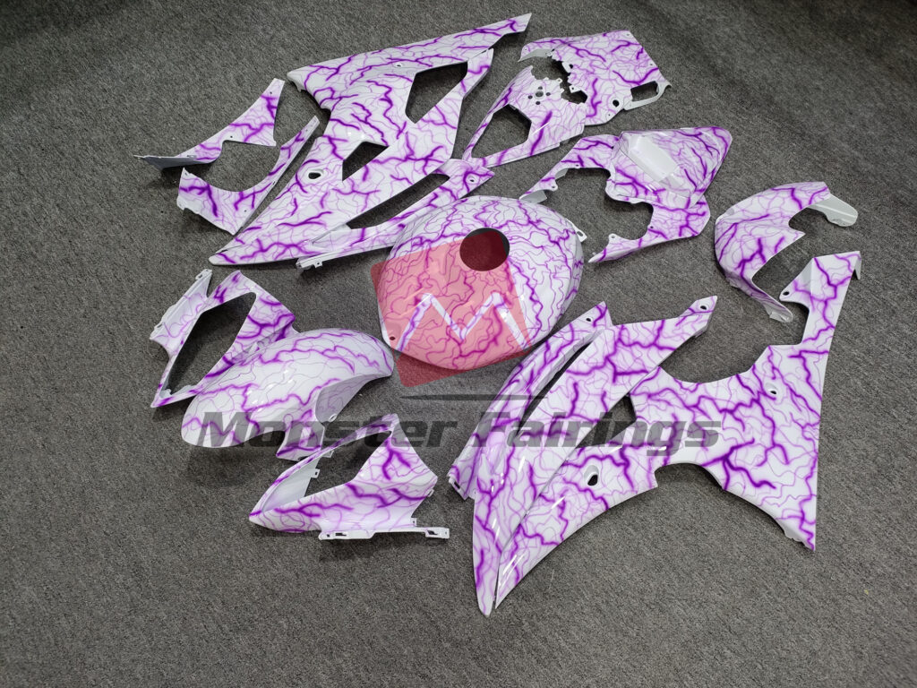 Yamaha R6 custom ABS fairings 2008 - 2016 in Gloss White & Purple Lightning - durable replacement kit, Monster Fairings