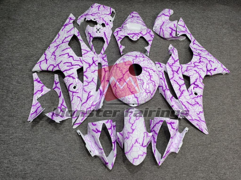 Yamaha R6 2008 - 2016 Gloss White & Purple Lightning ABS fairings - custom motorcycle bodywork kit by Monster Fairings