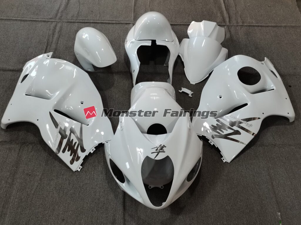 Suzuki GSXR 1300 1997 - 2007 White Gloss OEM Style with Silver Decals ABS fairings - custom motorcycle bodywork kit by Monster Fairings