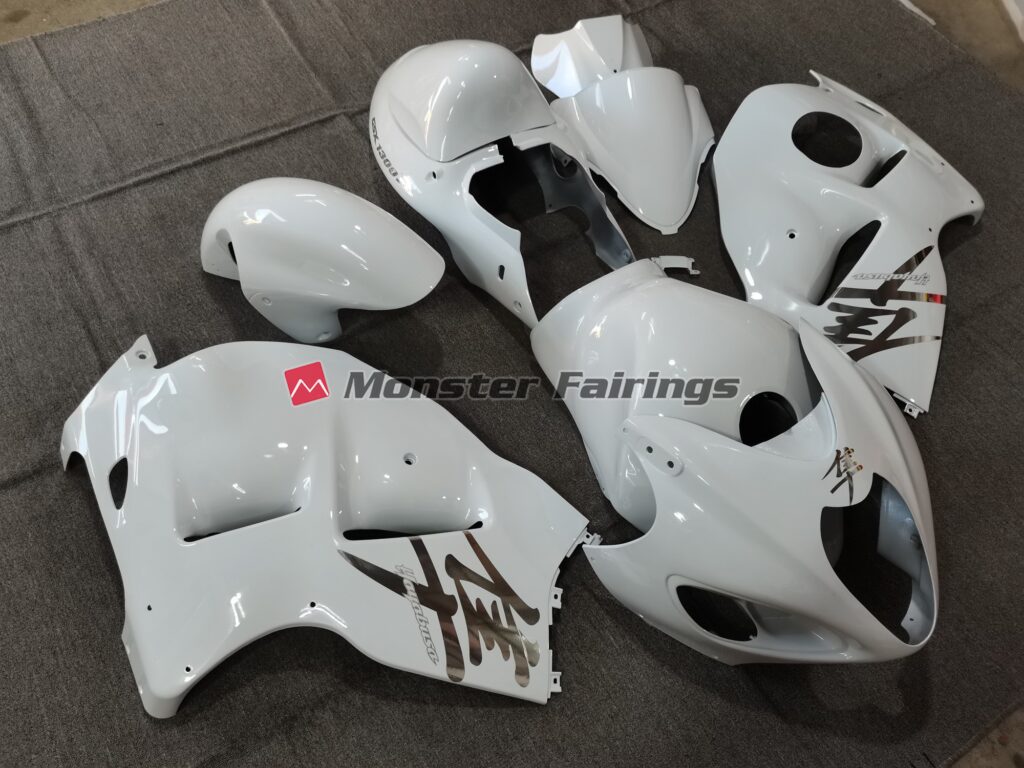 Suzuki GSXR 1300 custom ABS fairings 1997 - 2007 in White Gloss OEM Style with Silver Decals - durable replacement kit, Monster Fairings