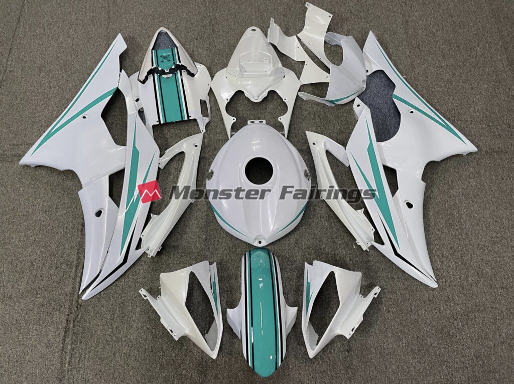 Yamaha R6 2008 - 2016 Gloss White Teal ABS fairings - custom motorcycle bodywork kit by Monster Fairings