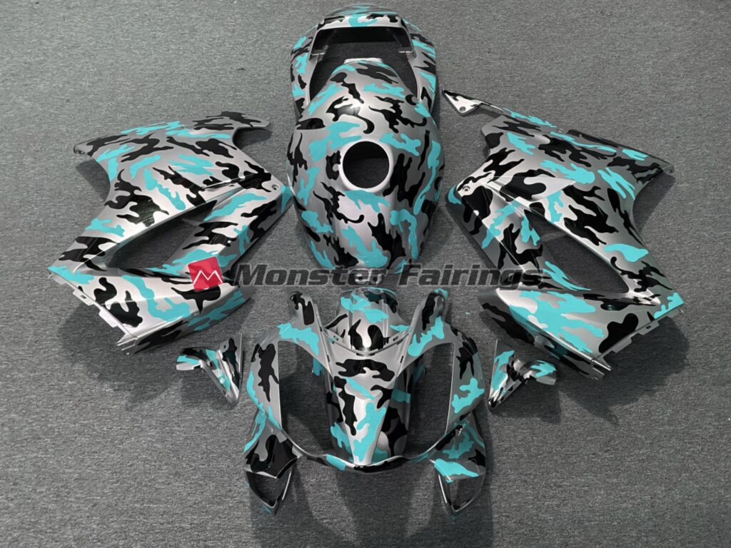 Honda VFR800 2002 - 2012 Gloss Silver & Cyan Camo ABS fairings - custom motorcycle bodywork kit by Monster Fairings