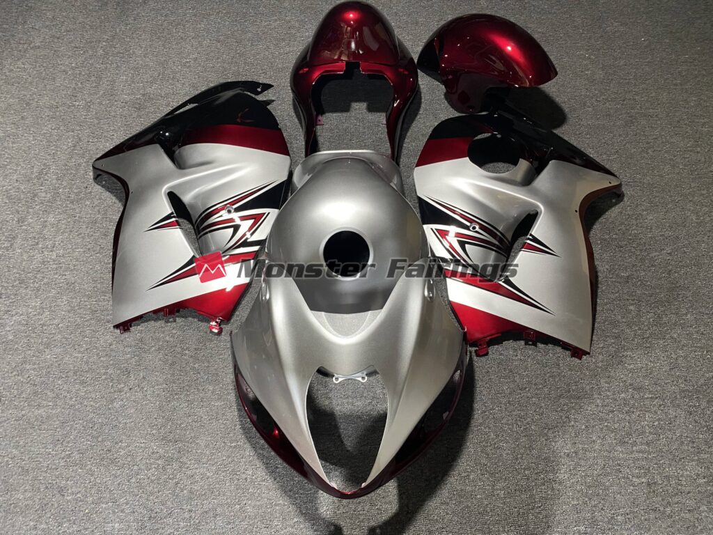 Suzuki GSXR 1300 1997 - 2007 Gloss Silver Candy Red ABS fairings - custom motorcycle bodywork kit by Monster Fairings