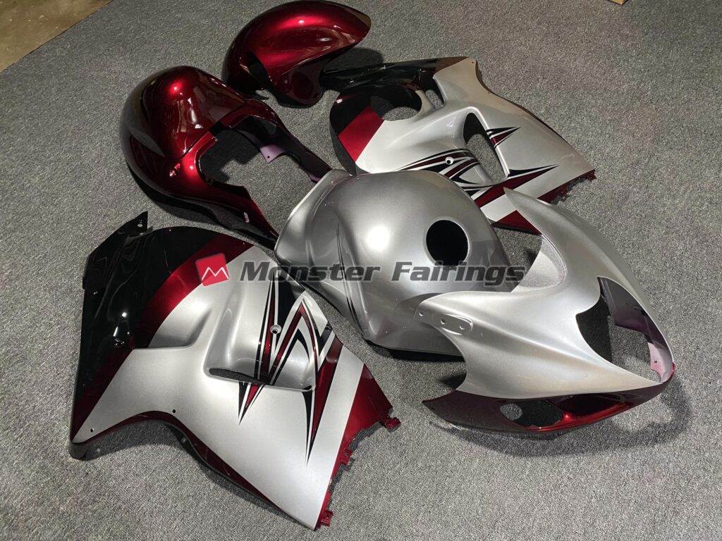 Suzuki GSXR 1300 custom ABS fairings 1997 - 2007 in Gloss Silver Candy Red - durable replacement kit, Monster Fairings