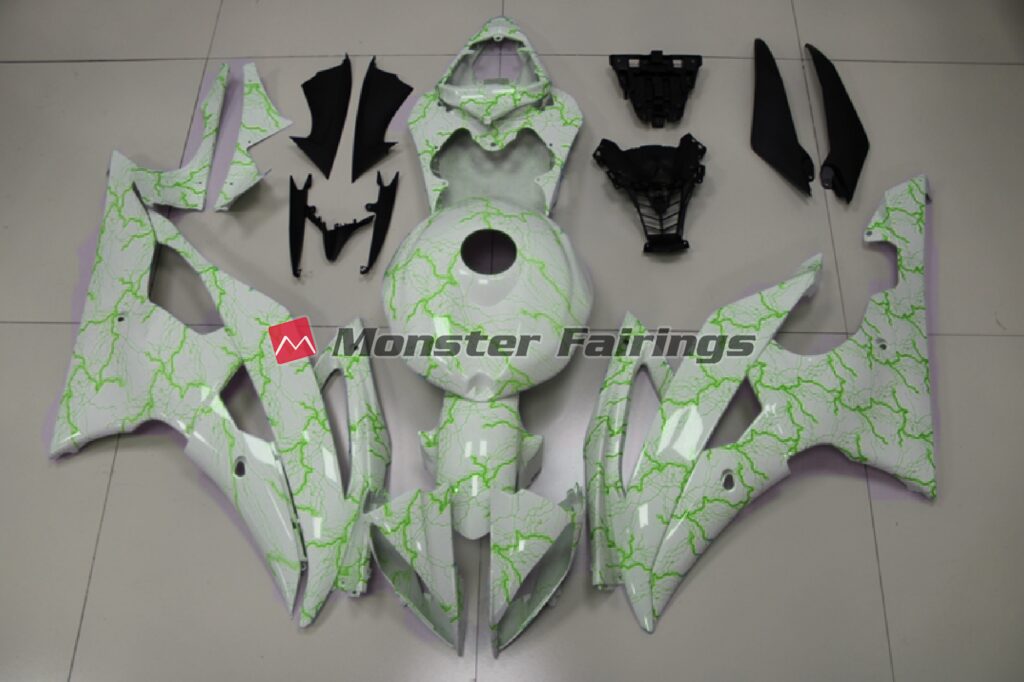 Yamaha R6 2008 - 2016 Gloss White Green Lightnings ABS fairings - custom motorcycle bodywork kit by Monster Fairings