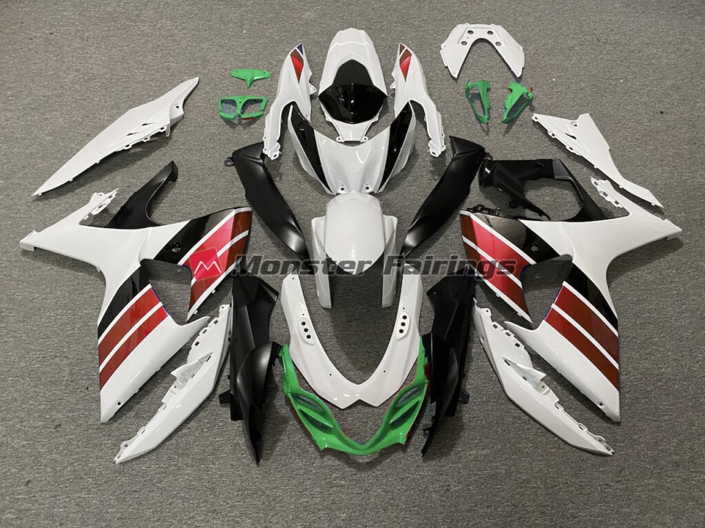 Suzuki GSXR 1000 2009 - 2016 Gloss White Red Black Green ABS fairings - custom motorcycle bodywork kit by Monster Fairings