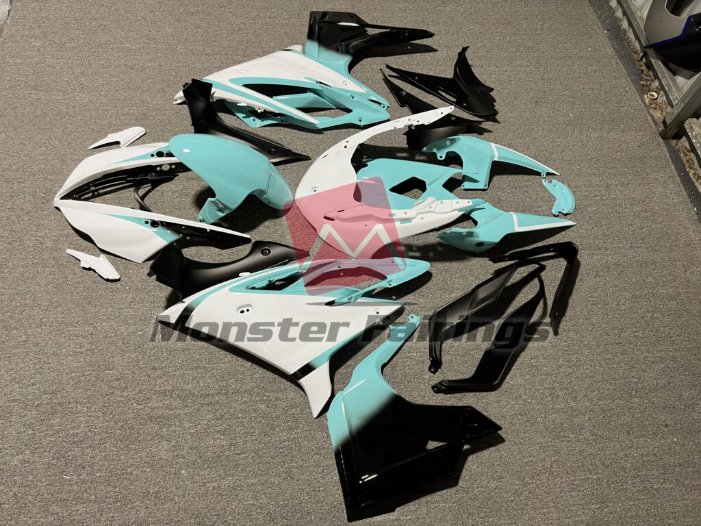 2013 - 2017 Triumph Daytona 675 Gloss White & Teal fairing set - ABS injection, custom painted by Monster Fairings