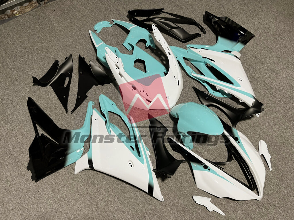 Triumph Daytona 675 custom ABS fairings 2013 - 2017 in Gloss White & Teal - durable replacement kit, Monster Fairings