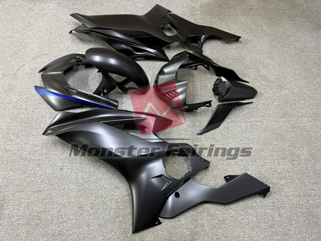 2017 - 2022 Yamaha R6 Matte Black Blue Accents fairing set - ABS injection, custom painted by Monster Fairings