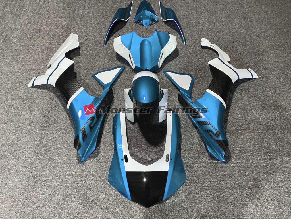 Yamaha R1 2015 - 2019 Light Blue Carbon Fiber Style Accents ABS fairings - custom motorcycle bodywork kit by Monster Fairings