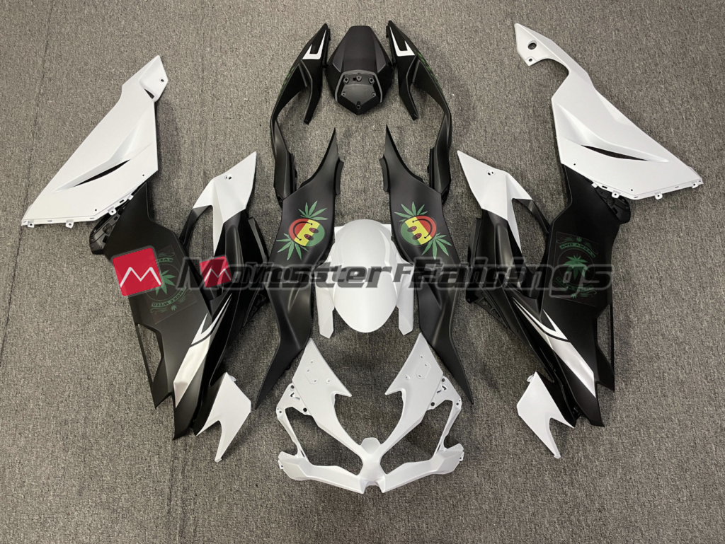 Kawasaki ZX6R 2019 - 2023 Matte White & Black Green ABS fairings - custom motorcycle bodywork kit by Monster Fairings