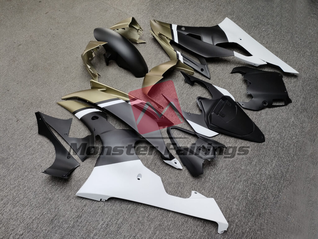 2008 - 2016 Yamaha R6 Matte Black & Gold White fairing set - ABS injection, custom painted by Monster Fairings