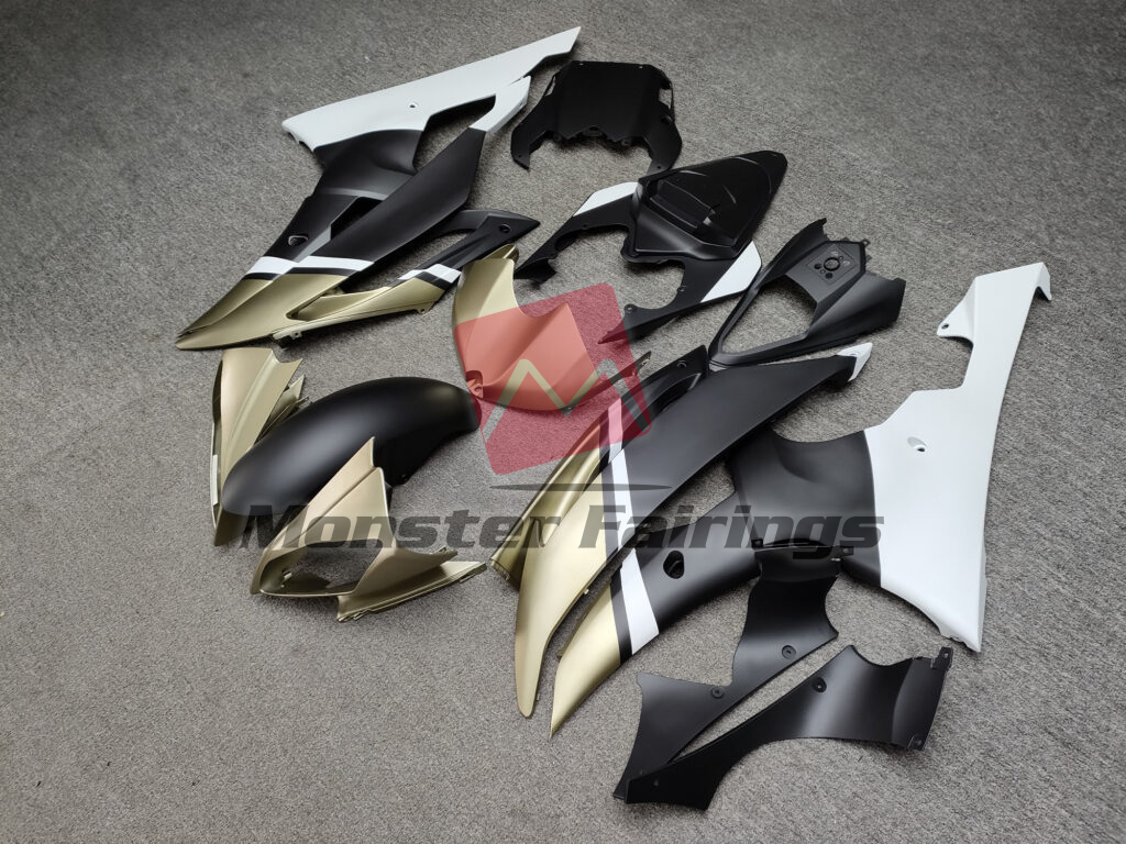 Yamaha R6 custom ABS fairings 2008 - 2016 in Matte Black & Gold White - durable replacement kit, Monster Fairings