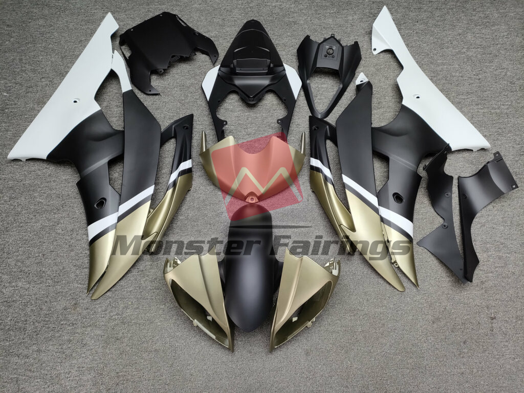 Yamaha R6 2008 - 2016 Matte Black & Gold White ABS fairings - custom motorcycle bodywork kit by Monster Fairings