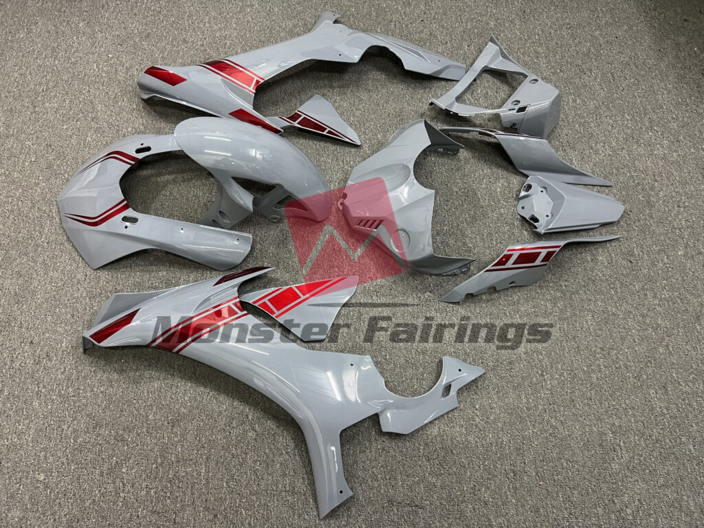 2015 - 2019 Yamaha R1 Nardo Gray Red Accents fairing set - ABS injection, custom painted by Monster Fairings