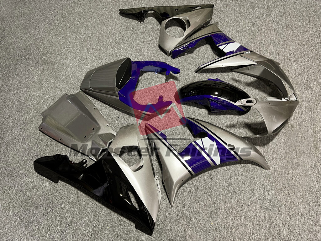 Yamaha R6 custom ABS fairings 2003 - 2004 in Gloss Silver & Black Blue - durable replacement kit, Monster Fairings