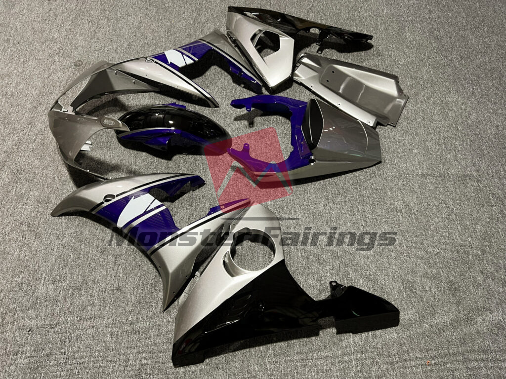 2003 - 2004 Yamaha R6 Gloss Silver & Black Blue fairing set - ABS injection, custom painted by Monster Fairings