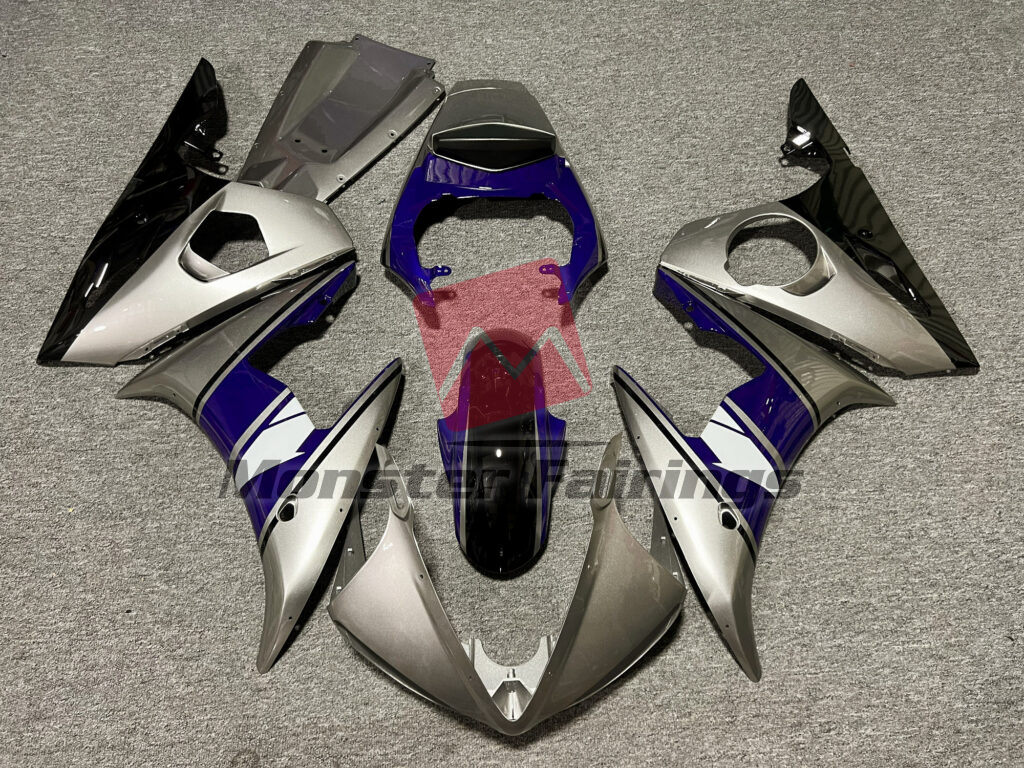 Yamaha R6 2003 - 2004 Gloss Silver & Black Blue ABS fairings - custom motorcycle bodywork kit by Monster Fairings