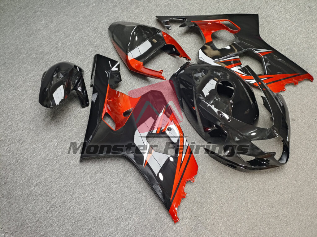 Suzuki GSXR 600 - 750 custom ABS fairings 2004 - 2005 in Gloss Black & Orange Silver - durable replacement kit, Monster Fairings
