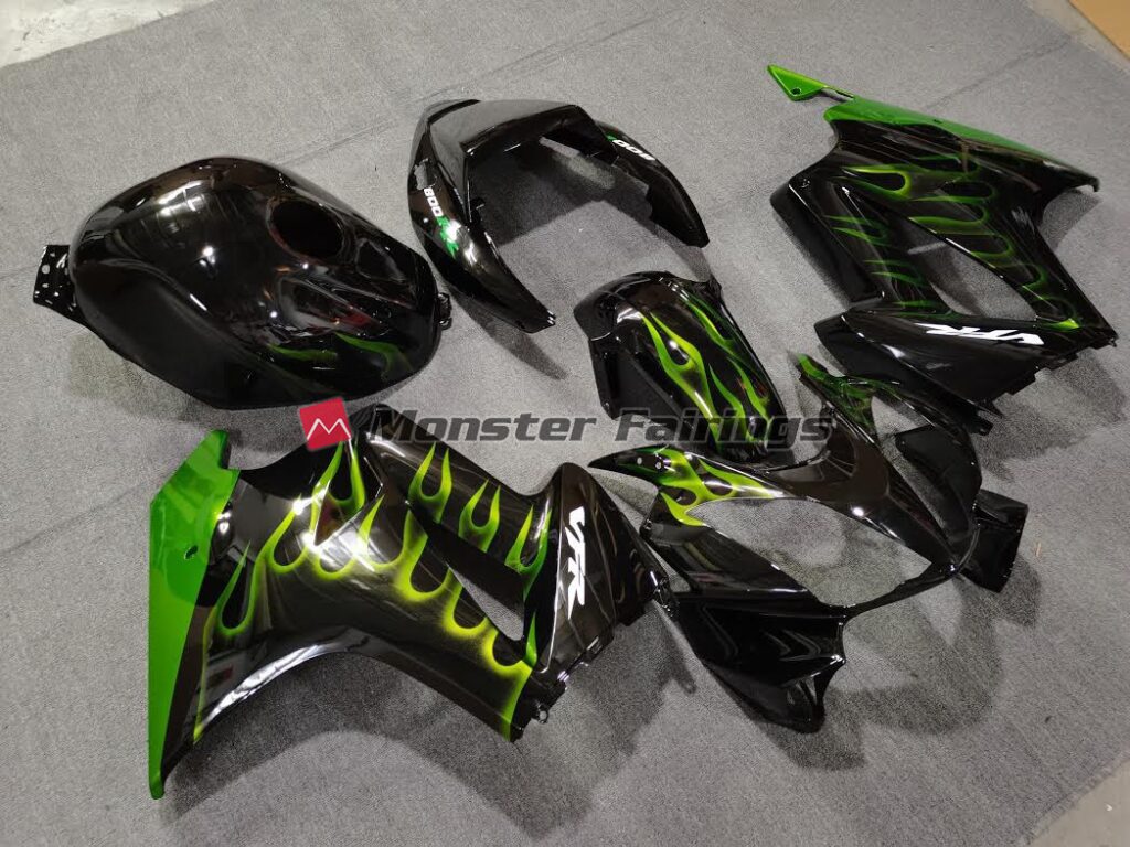 Honda VFR800 custom ABS fairings 2002 - 2012 in Green Flame - durable replacement kit, Monster Fairings
