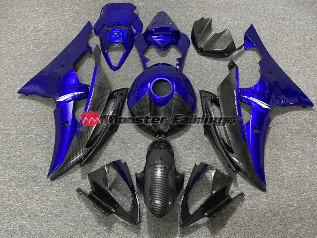 Yamaha R6 2008 - 2016 Gloss Blue with Carbon Fiber Style ABS fairings - custom motorcycle bodywork kit by Monster Fairings