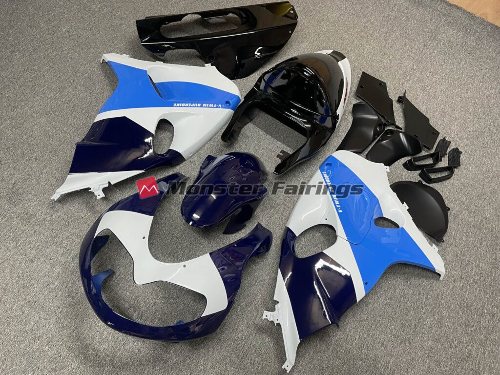 Suzuki TL1000R custom ABS fairings 1998 - 2003 in Gloss White and Blue - durable replacement kit, Monster Fairings