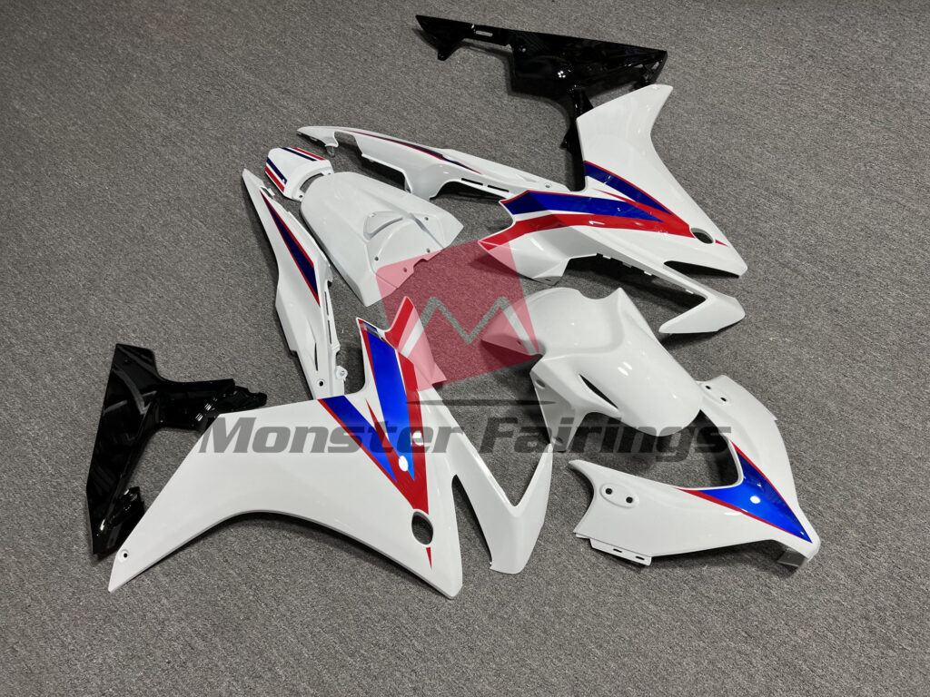 2013 - 2015 Honda CBR500R Gloss White Red & Blue fairing set - ABS injection, custom painted by Monster Fairings