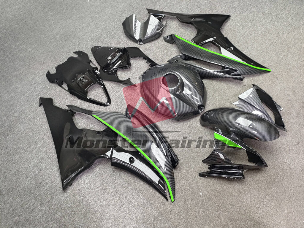 Yamaha R6 custom ABS fairings 2008 - 2016 in Gloss Carbon Fiber Style Black & Light Green - durable replacement kit, Monster Fairings