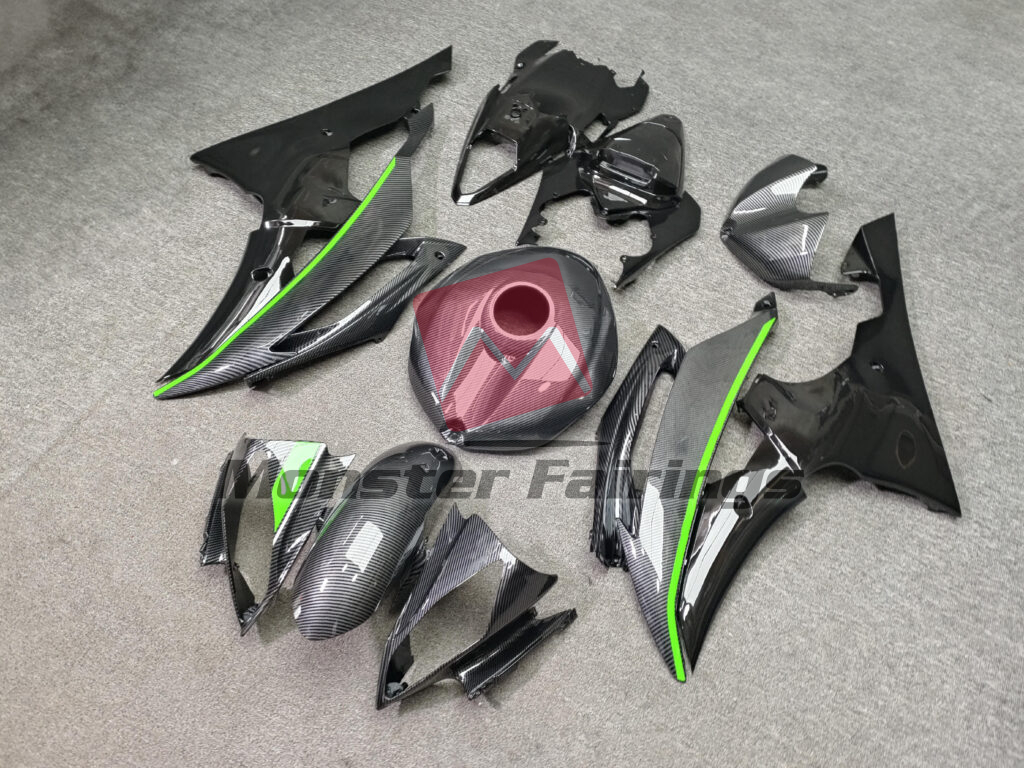 2008 - 2016 Yamaha R6 Gloss Carbon Fiber Style Black & Light Green fairing set - ABS injection, custom painted by Monster Fairings