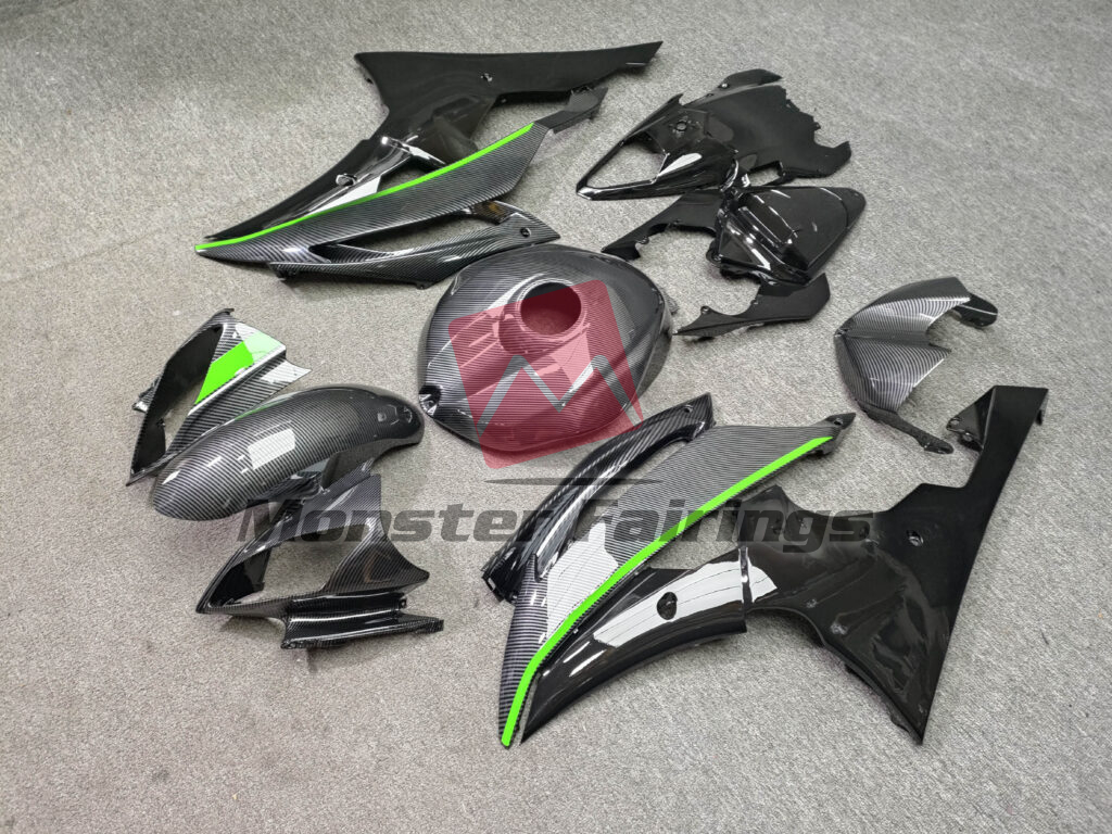 Gloss Carbon Fiber Style Black & Light Green ABS fairings for Yamaha R6 2008 - 2016 - premium OEM fit kit by Monster Fairings