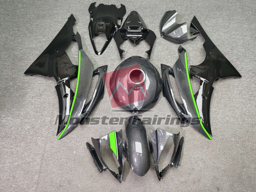 Yamaha R6 2008 - 2016 Gloss Carbon Fiber Style Black & Light Green ABS fairings - custom motorcycle bodywork kit by Monster Fairings