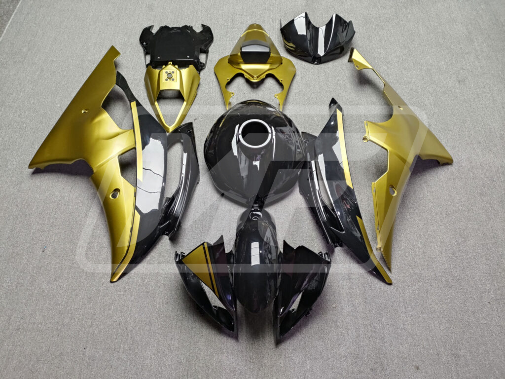 Yamaha R6 2008 - 2016 Gloss Black & Matte Gold ABS fairings - custom motorcycle bodywork kit by Monster Fairings