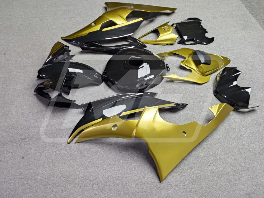2008 - 2016 Yamaha R6 Gloss Black & Matte Gold fairing set - ABS injection, custom painted by Monster Fairings
