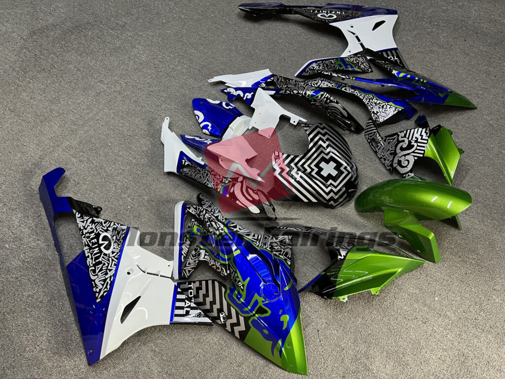 BMW S1000RR custom ABS fairings 2015 - 2016 in Gloss Green & White Blue Bull - durable replacement kit, Monster Fairings