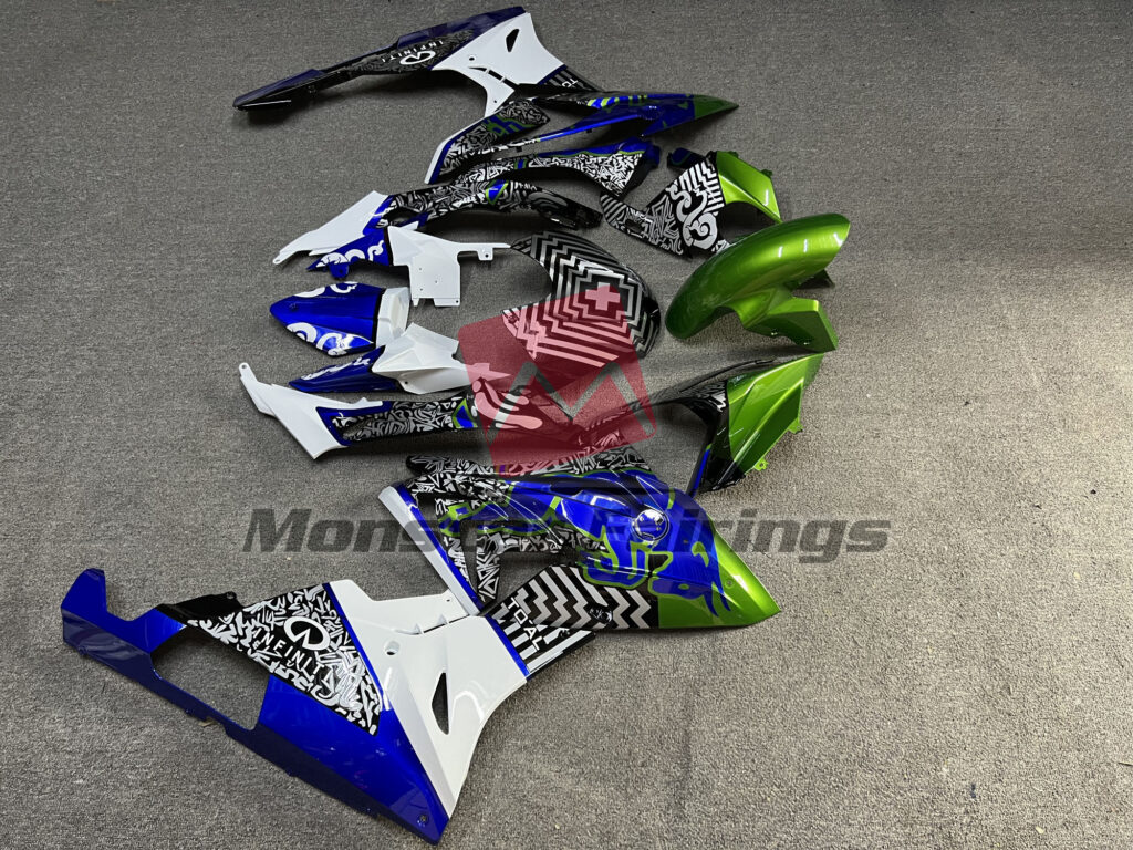 2015 - 2016 BMW S1000RR Gloss Green & White Blue Bull fairing set - ABS injection, custom painted by Monster Fairings