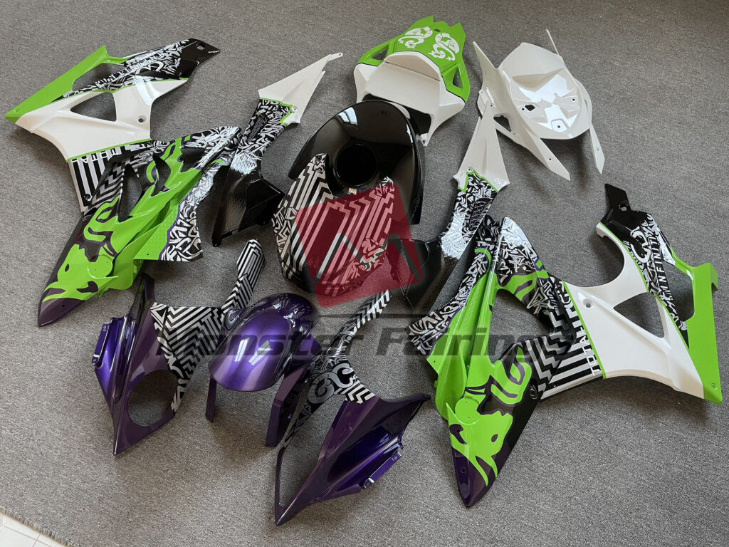 BMW S1000RR custom ABS fairings 2009 - 2014 in Gloss Purple & White Green Bull - durable replacement kit, Monster Fairings