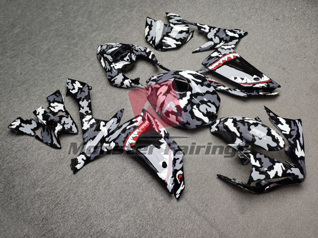 Yamaha R1 custom ABS fairings 2007 - 2008 in Gloss Black Gray & White Camo Shark - durable replacement kit, Monster Fairings