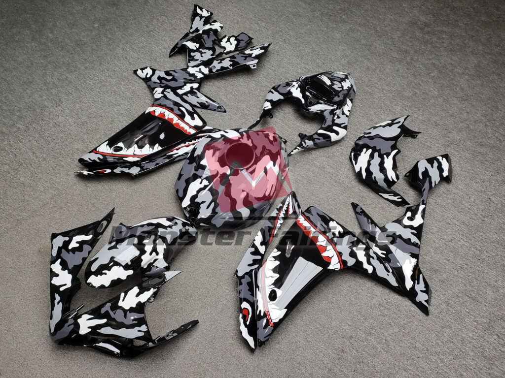 Gloss Black Gray & White Camo Shark ABS fairings for Yamaha R1 2007 - 2008 - premium OEM fit kit by Monster Fairings