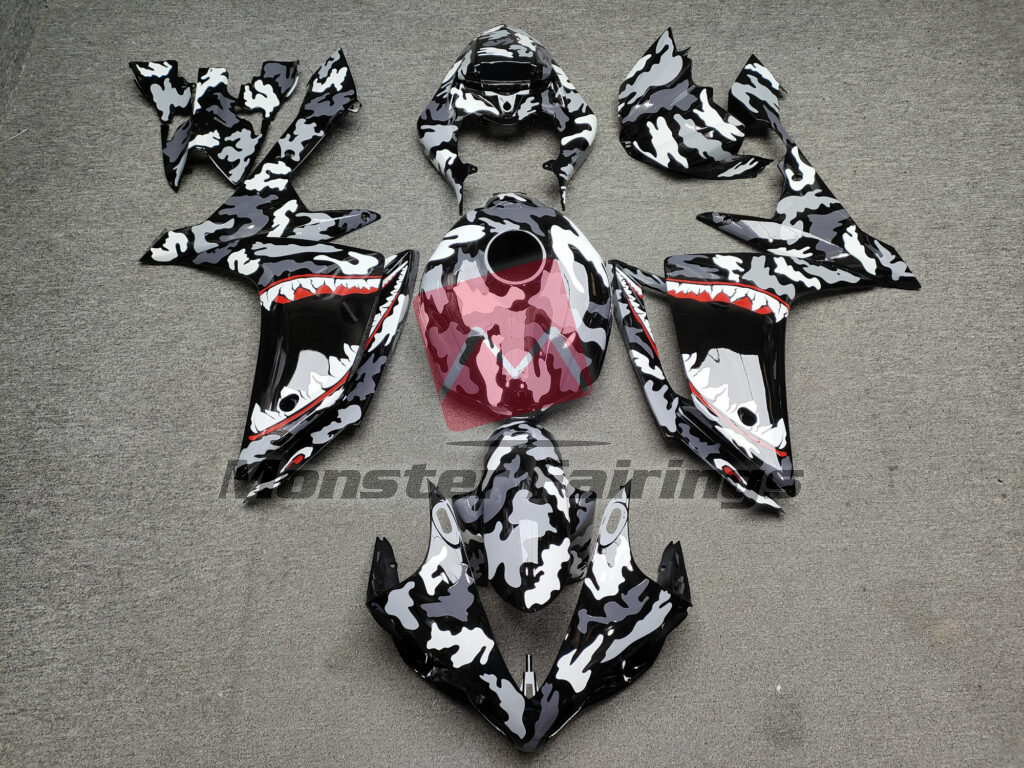Yamaha R1 2007 - 2008 Gloss Black Gray & White Camo Shark ABS fairings - custom motorcycle bodywork kit by Monster Fairings
