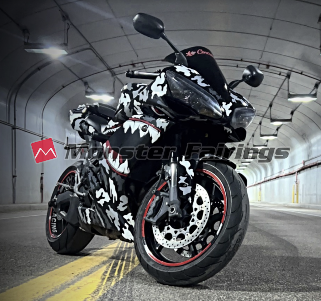 Monster Fairings ABS fairing kit for Yamaha R1 2007 - 2008 - Gloss Black Gray & White Camo Shark, precise OEM fit
