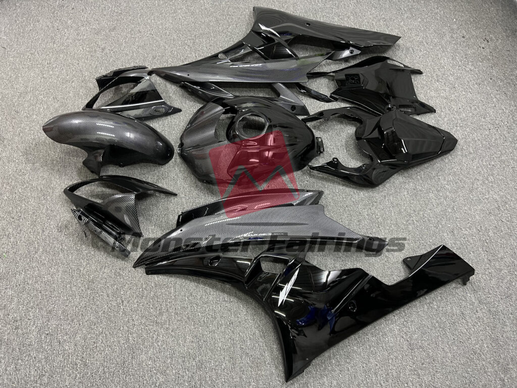 2006 - 2007 Yamaha R6 Gloss Black Carbon Fiber Style fairing set - ABS injection, custom painted by Monster Fairings