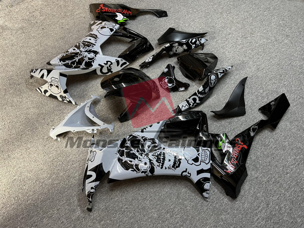 Kawasaki ZX10R custom ABS fairings 2008 - 2010 in Gloss Nardo Gray Black Skull - durable replacement kit, Monster Fairings
