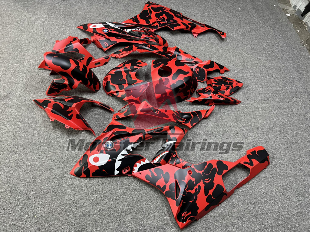 2015 - 2016 BMW S1000RR Matte Red & Black Camo Shark fairing set - ABS injection, custom painted by Monster Fairings