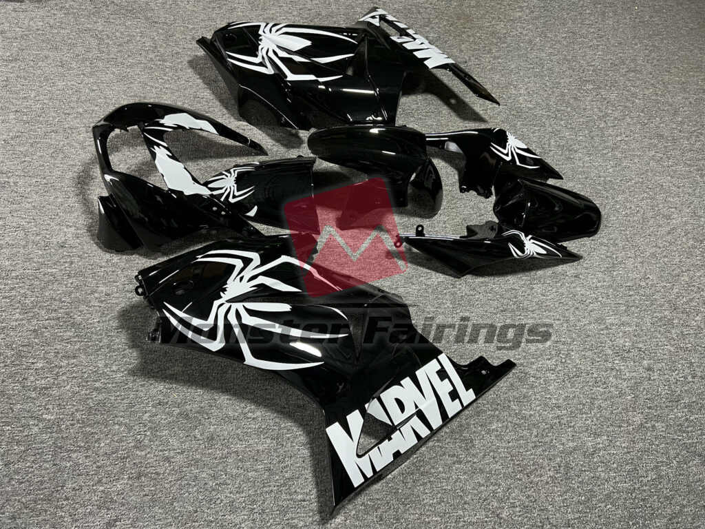 2008 - 2013 Kawasaki Ninja 250 Gloss Black & White Spider fairing set - ABS injection, custom painted by Monster Fairings