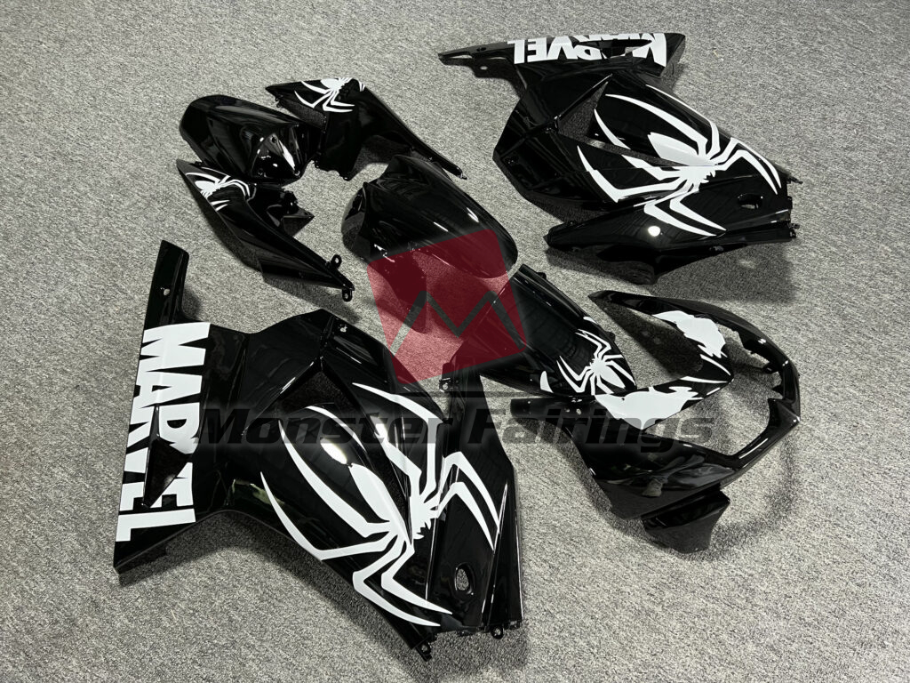 Kawasaki Ninja 250 custom ABS fairings 2008 - 2013 in Gloss Black & White Spider - durable replacement kit, Monster Fairings