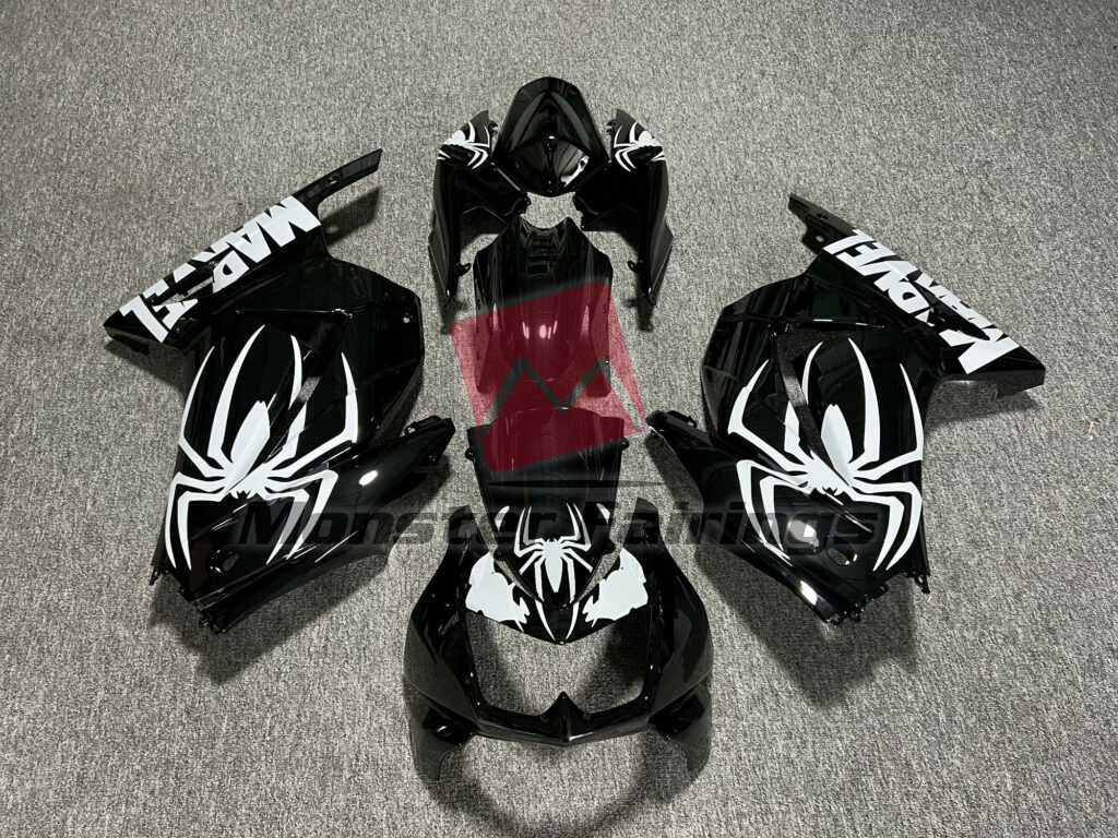 Kawasaki Ninja 250 2008 - 2013 Gloss Black & White Spider ABS fairings - custom motorcycle bodywork kit by Monster Fairings