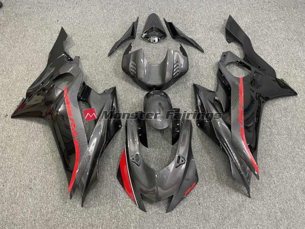 Yamaha R6 2017 - 2022 Carbon Fiber Style Red Trim ABS fairings - custom motorcycle bodywork kit by Monster Fairings