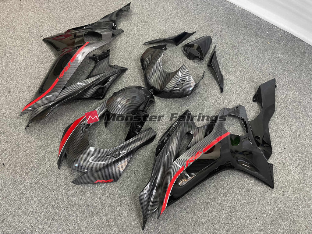 Yamaha R6 custom ABS fairings 2017 - 2022 in Carbon Fiber Style Red Trim - durable replacement kit, Monster Fairings